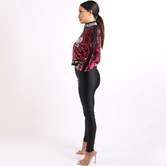 Sequin Cropped Embroidery Patches Varsity Bomber Jacket - Picture 10 of 11